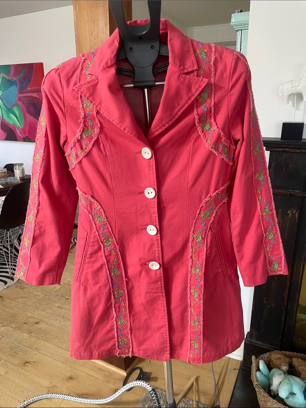 Anna Sui Coral Embroidered Tailored Blazer Jacket